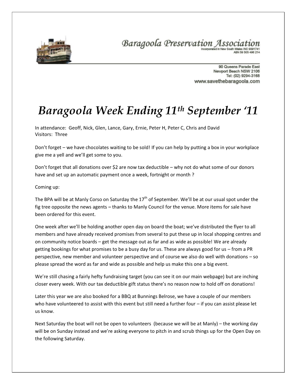 Baragoola Week Ending 11Th September ‘11
