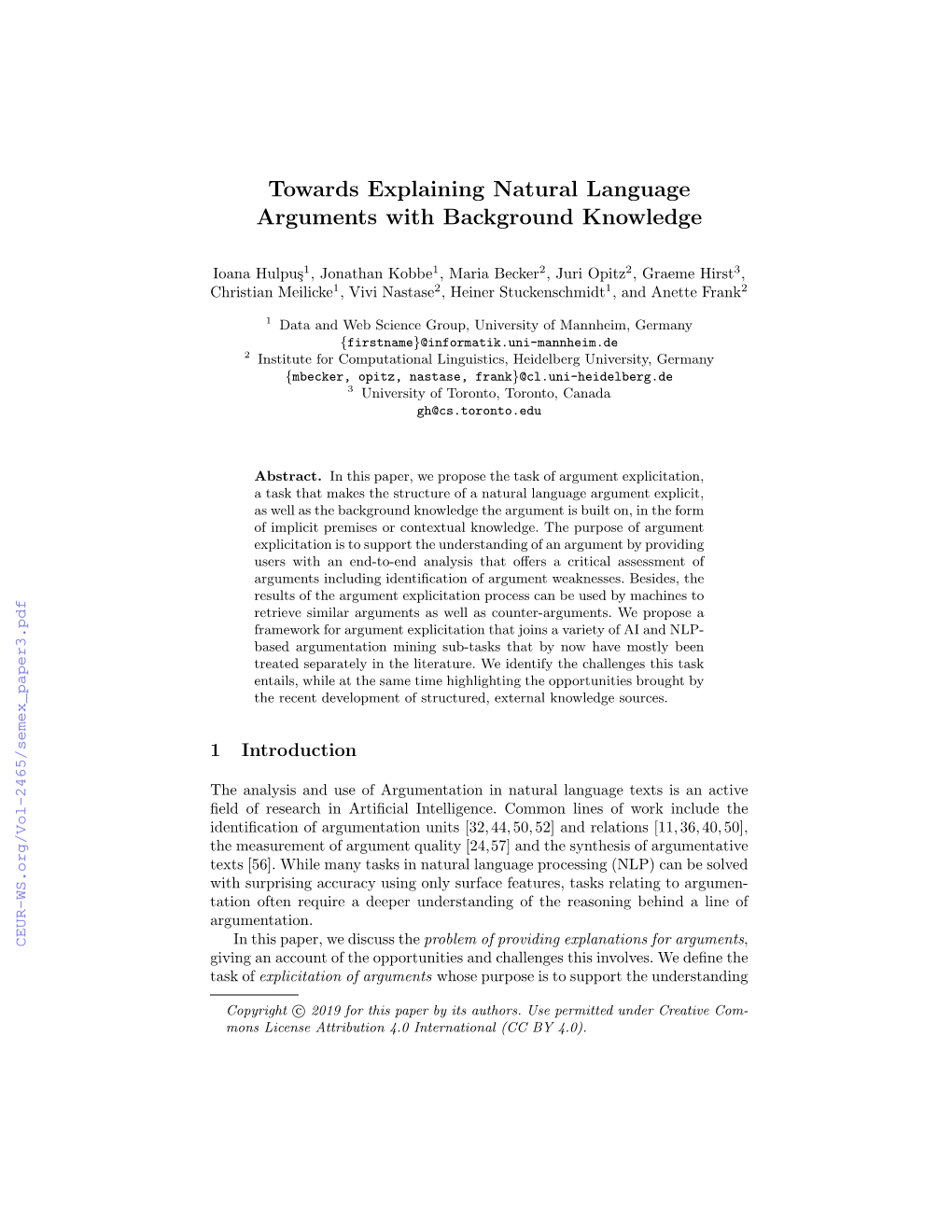 Towards Explaining Natural Language Arguments with Background Knowledge