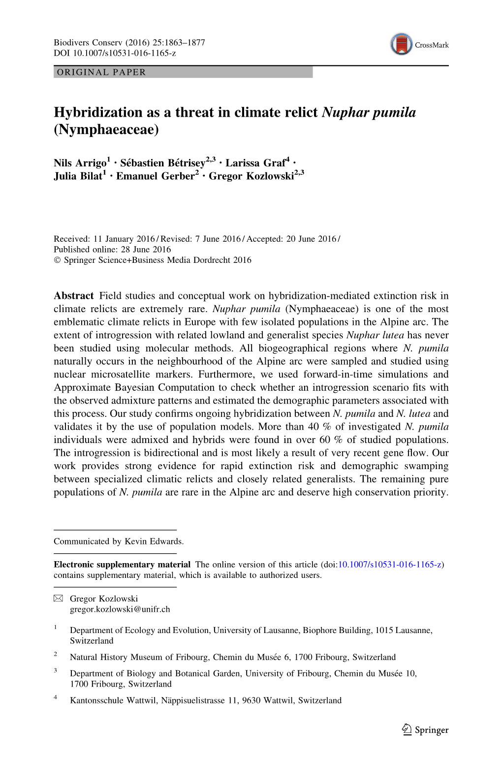 Hybridization As a Threat in Climate Relict Nuphar Pumila (Nymphaeaceae)