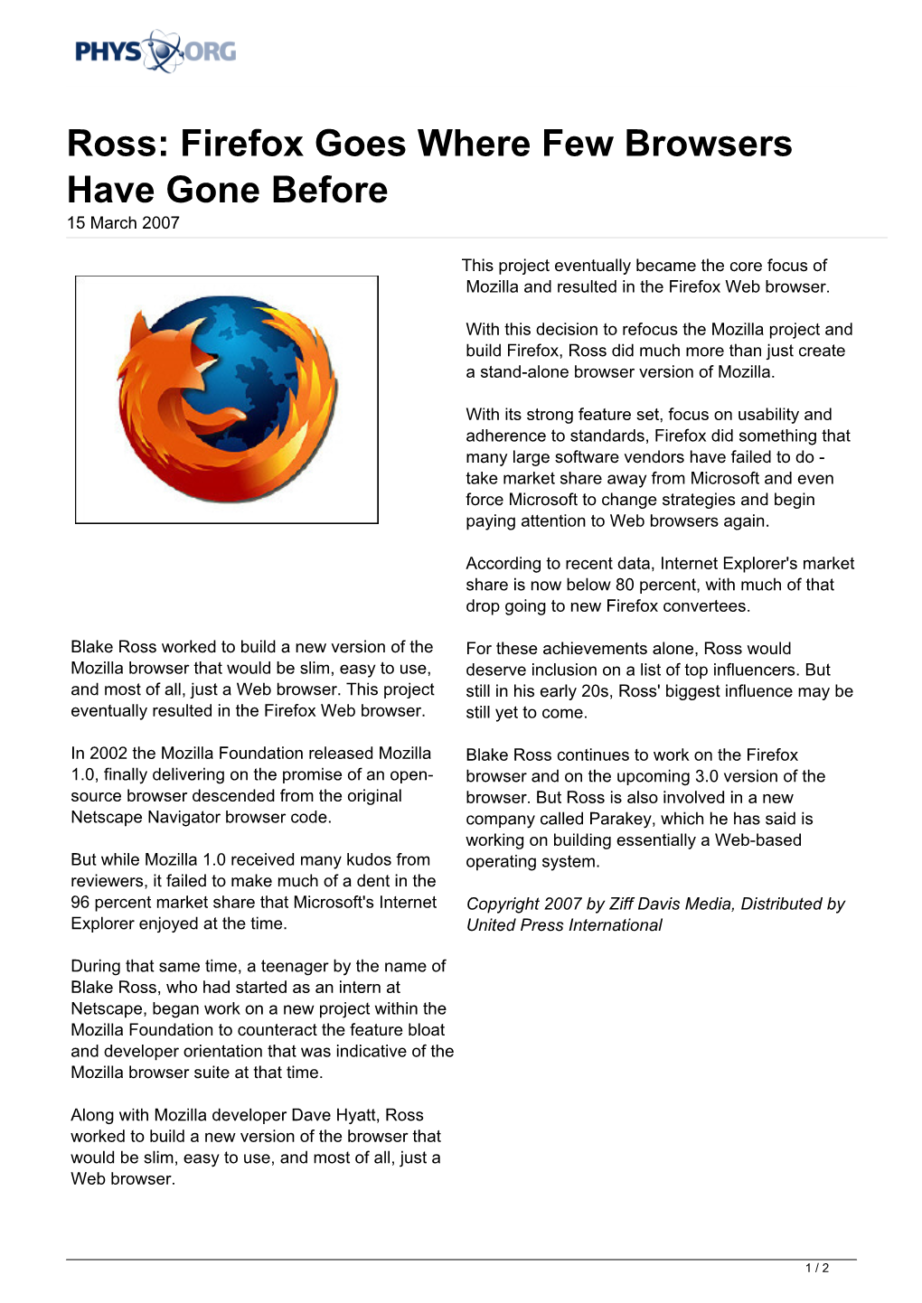 Ross: Firefox Goes Where Few Browsers Have Gone Before 15 March 2007