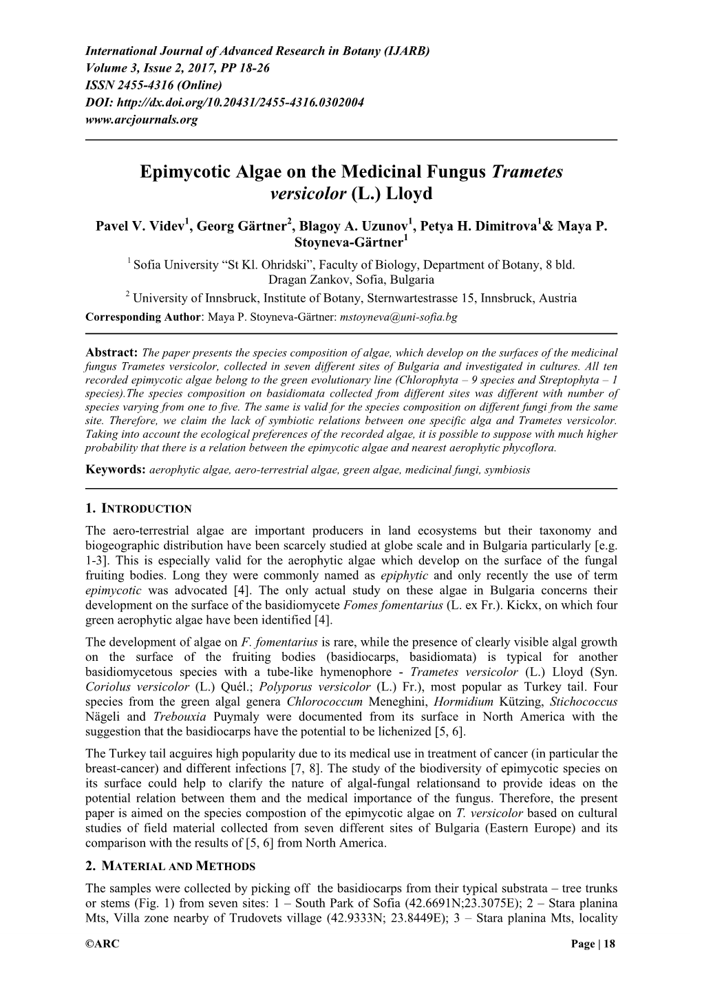 Epimycotic Algae on the Medicinal Fungus Trametes Versicolor (L.) Lloyd