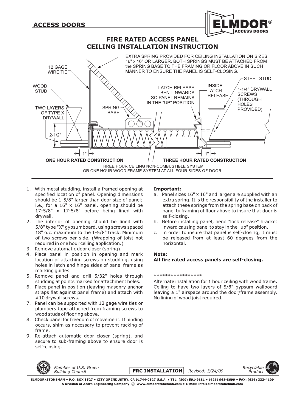 FIRE RATED ACCESS PANEL CEILING INSTALLATION INSTRUCTION EXTRA SPRING PROVIDED for CEILING INSTALLATION on SIZES 16