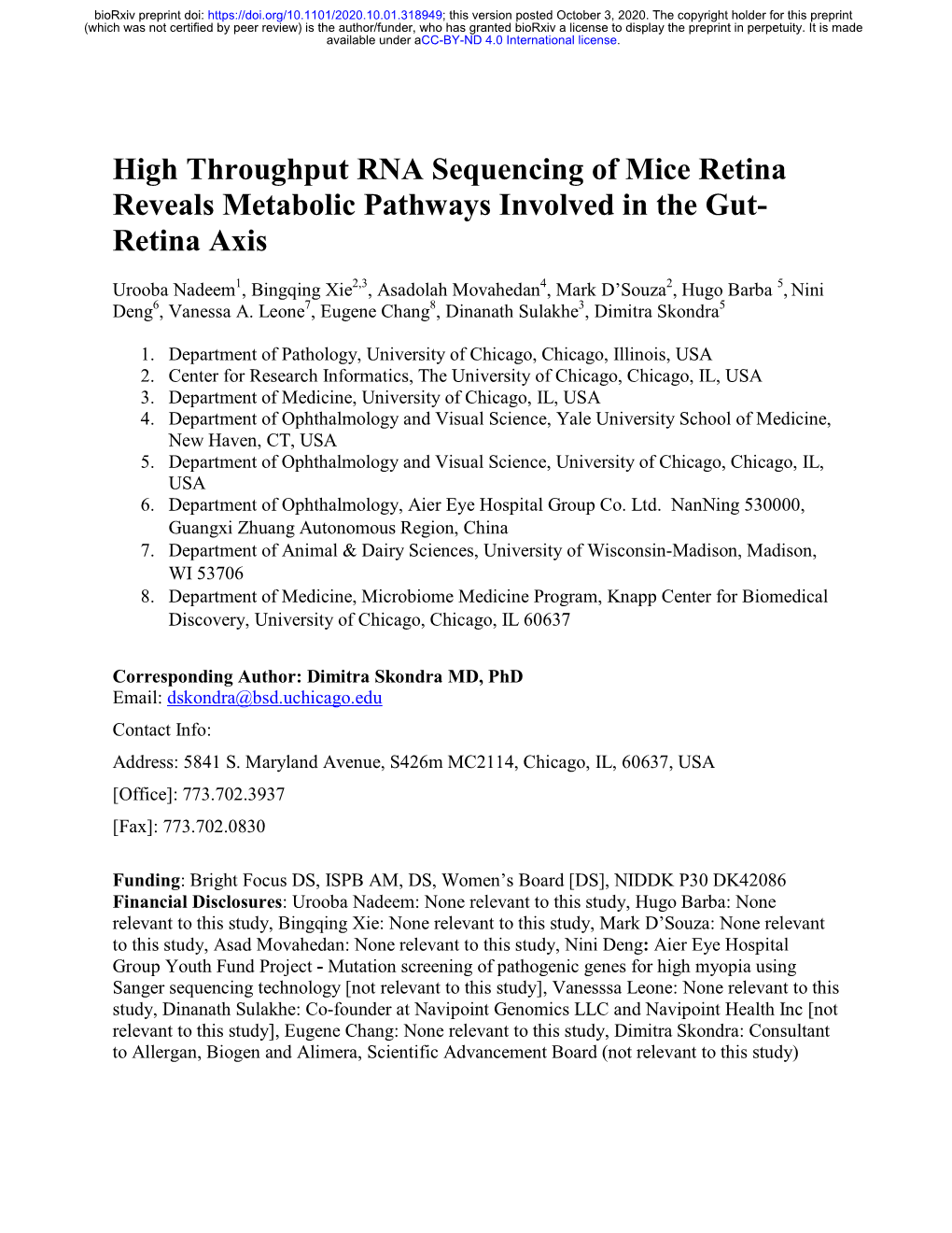 High Throughput RNA Sequencing of Mice Retina Reveals Metabolic Pathways Involved in the Gut- Retina Axis