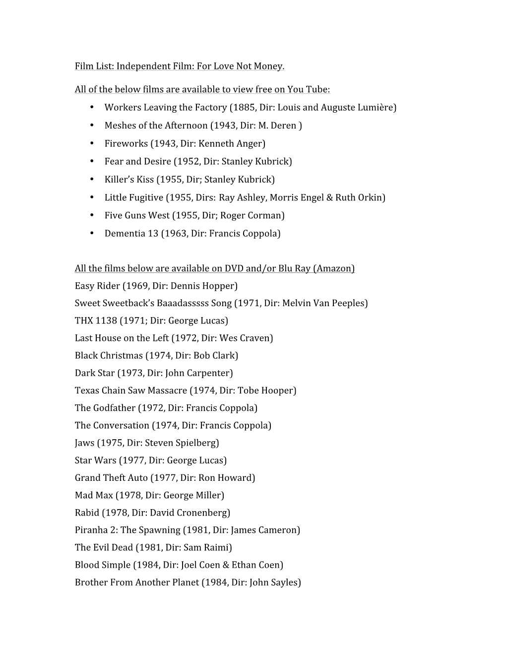 Film List: Independent Film: for Love Not Money. All of the Below Films