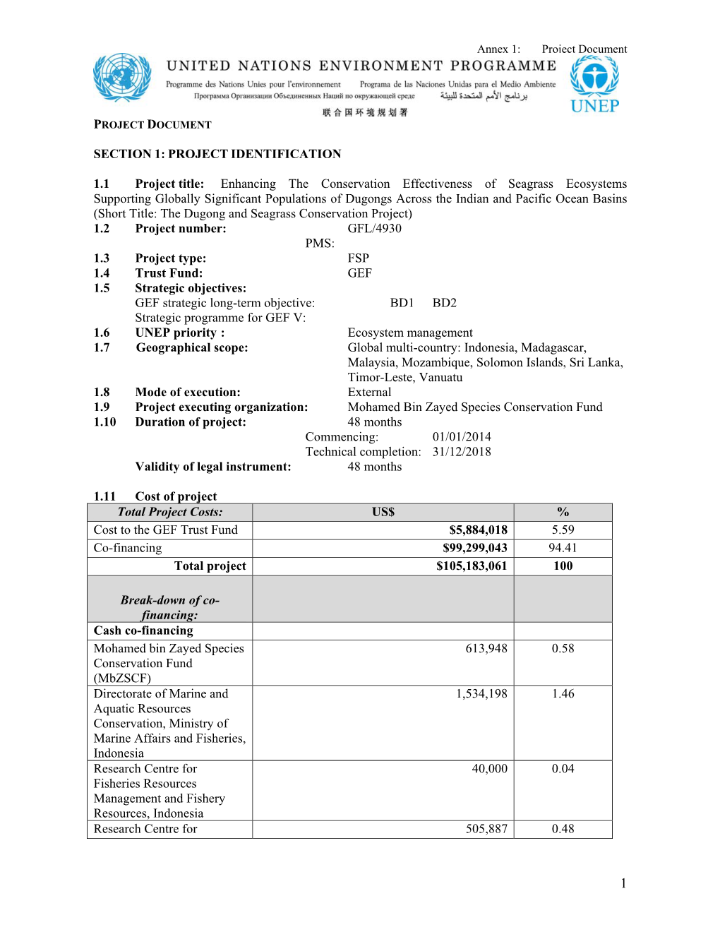 SECTION 1: PROJECT IDENTIFICATION 1.1 Project