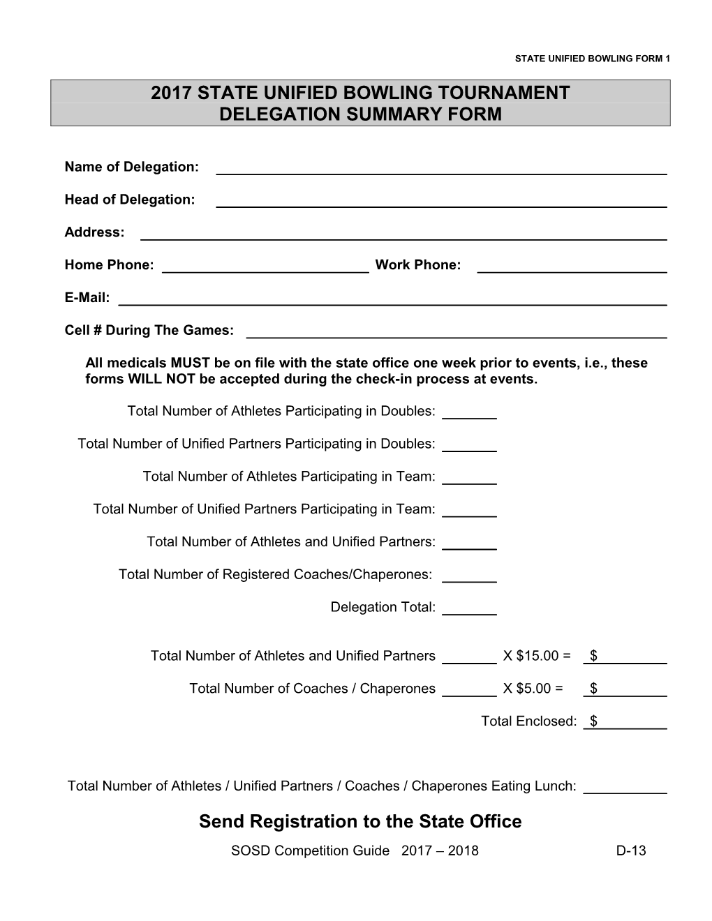 State Unified Bowling Form 1