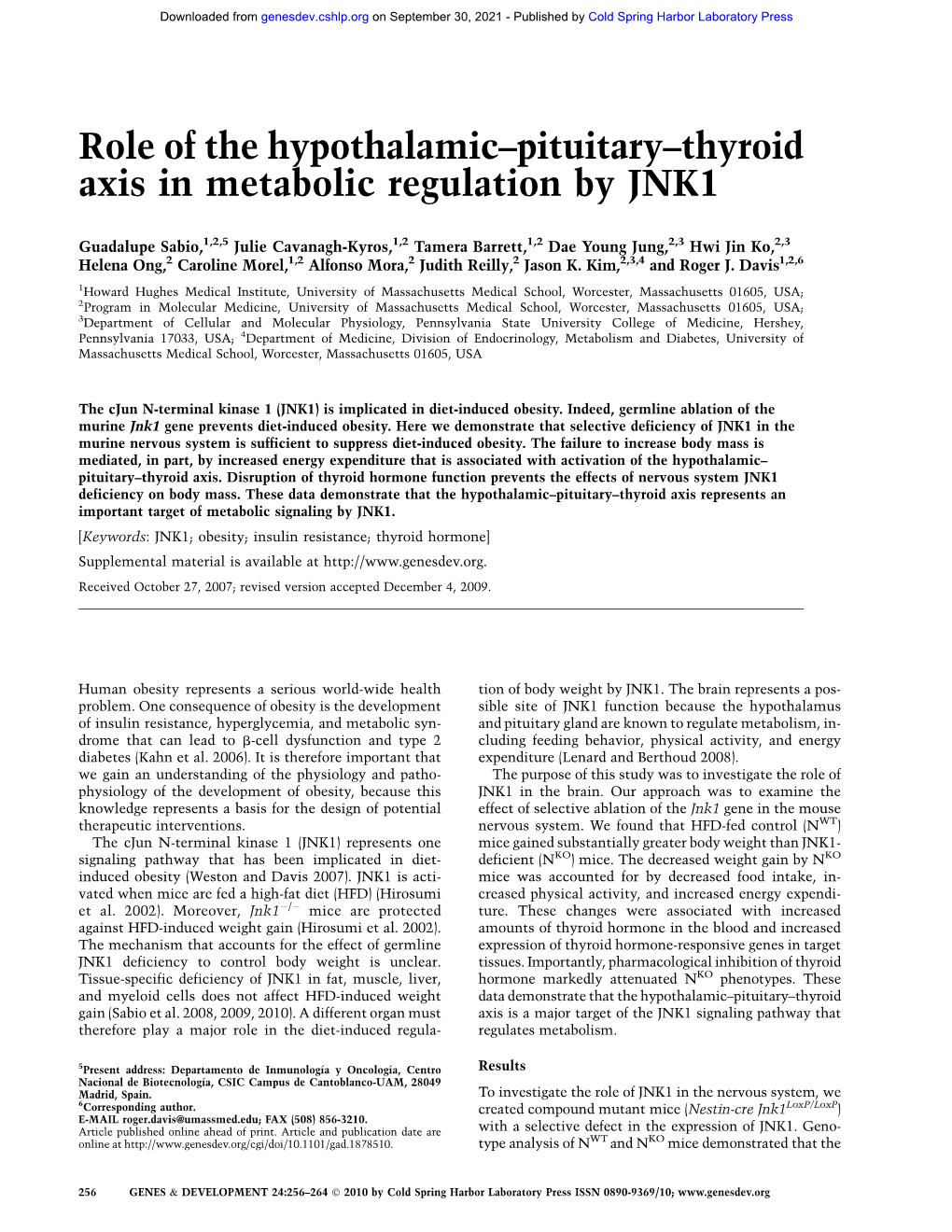 Role of the Hypothalamic–Pituitary–Thyroid Axis in Metabolic Regulation by JNK1