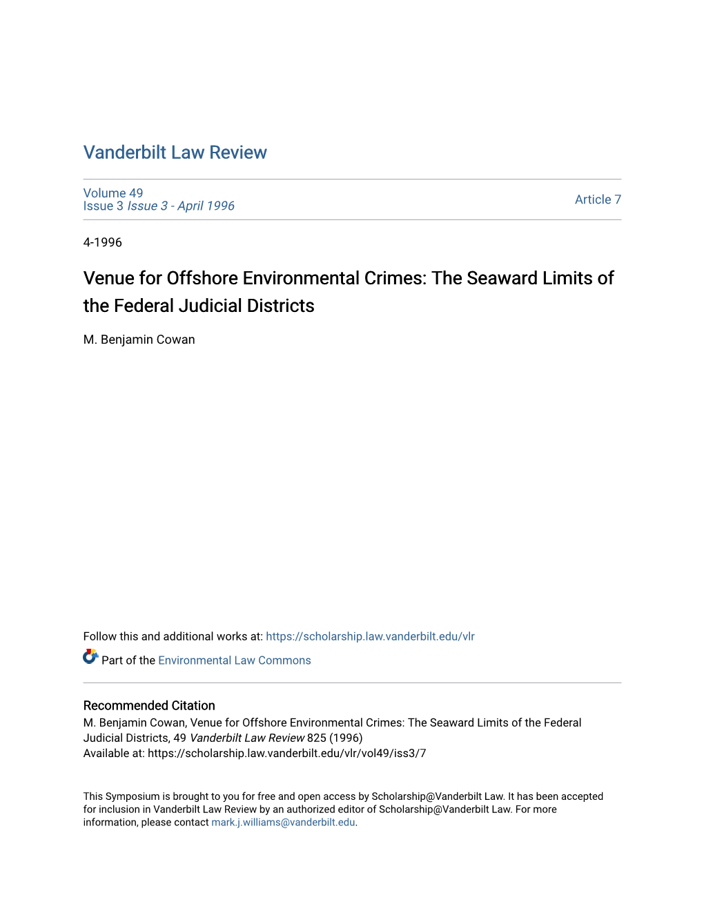 Venue for Offshore Environmental Crimes: the Seaward Limits of the Federal Judicial Districts