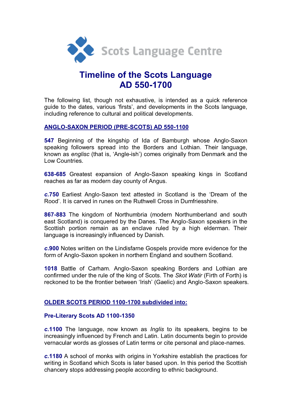 Timeline of the Scots Language AD 550-1700