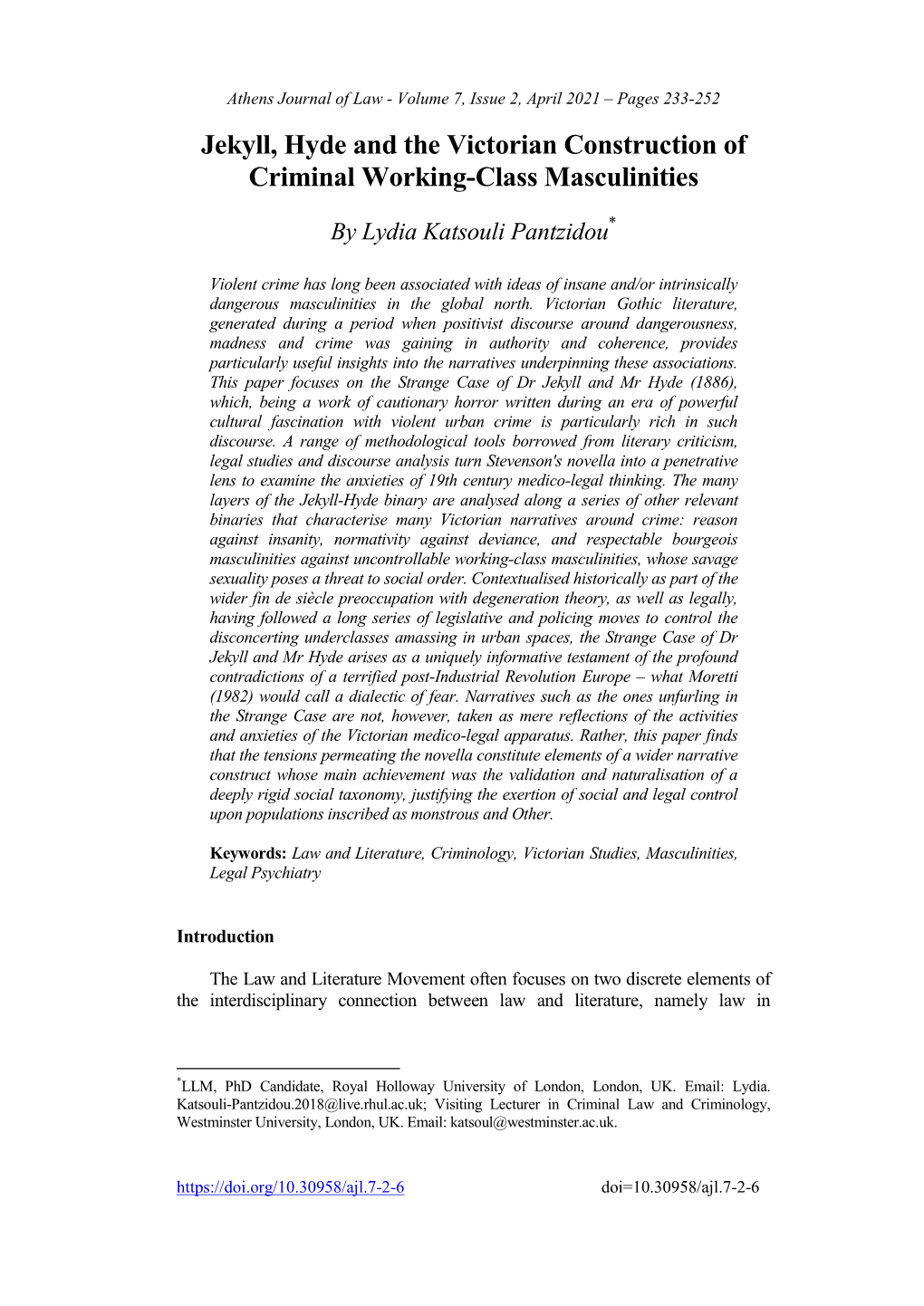 Jekyll, Hyde and the Victorian Construction of Criminal Working-Class Masculinities