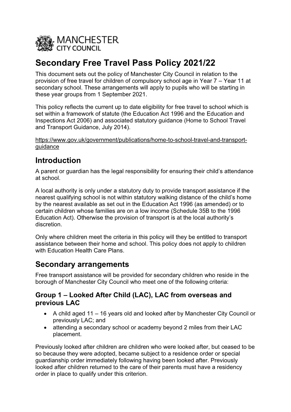 Secondary Free Travel Pass Policy 2021/22