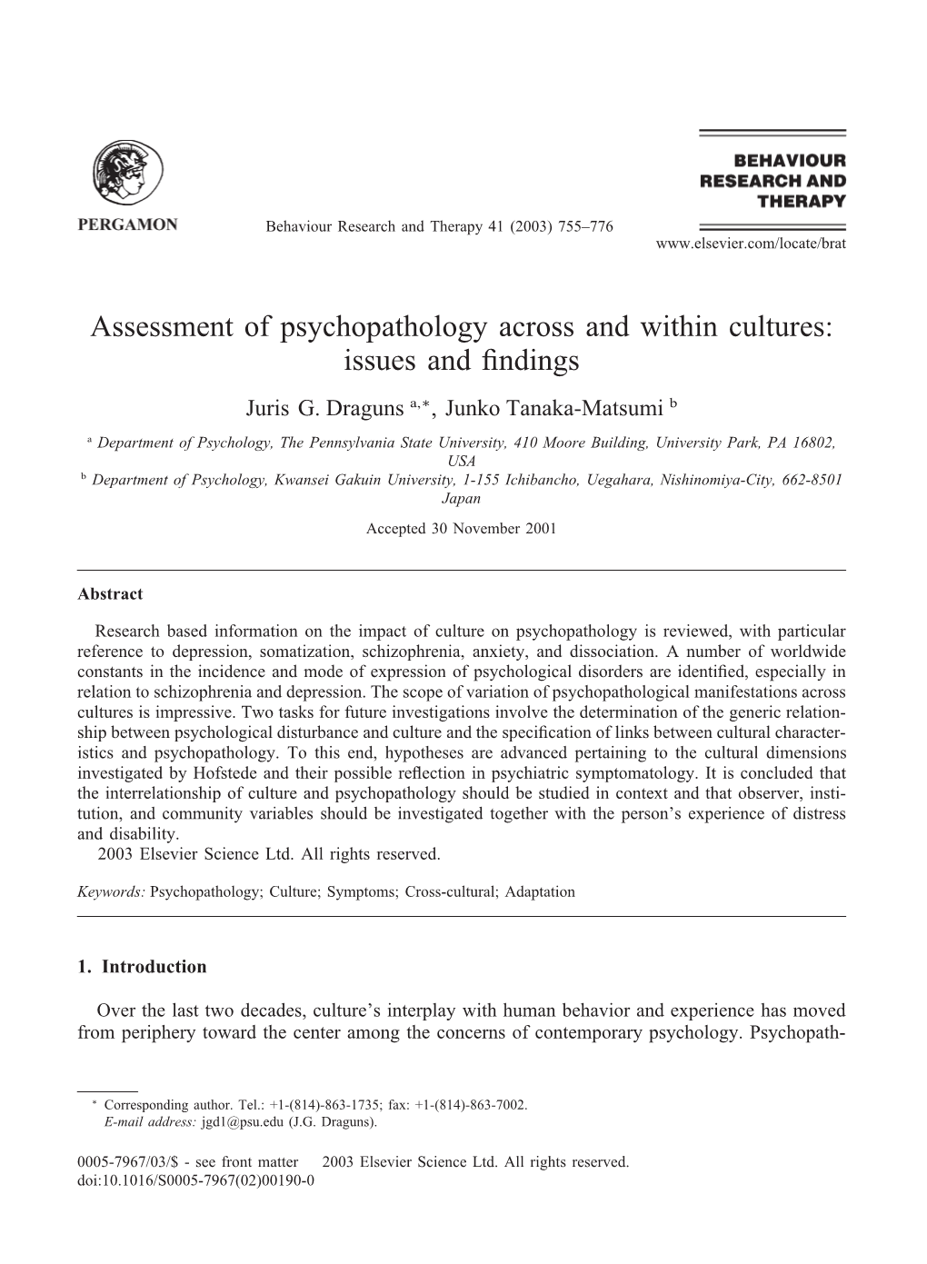 Assessment of Psychopathology Across and Within Cultures: Issues and ﬁndings Juris G