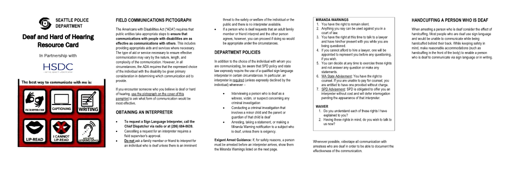 Deaf and Hard of Hearing Resource Card