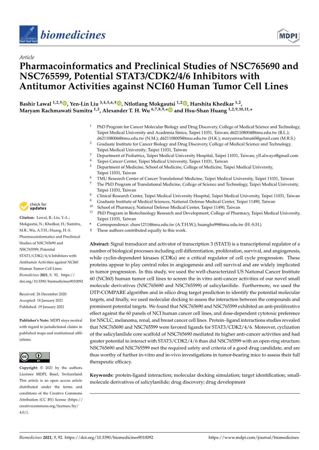 Pharmacoinformatics and Preclinical Studies of NSC765690 and NSC765599, Potential STAT3/CDK2/4/6 Inhibitors with Antitumor Activ