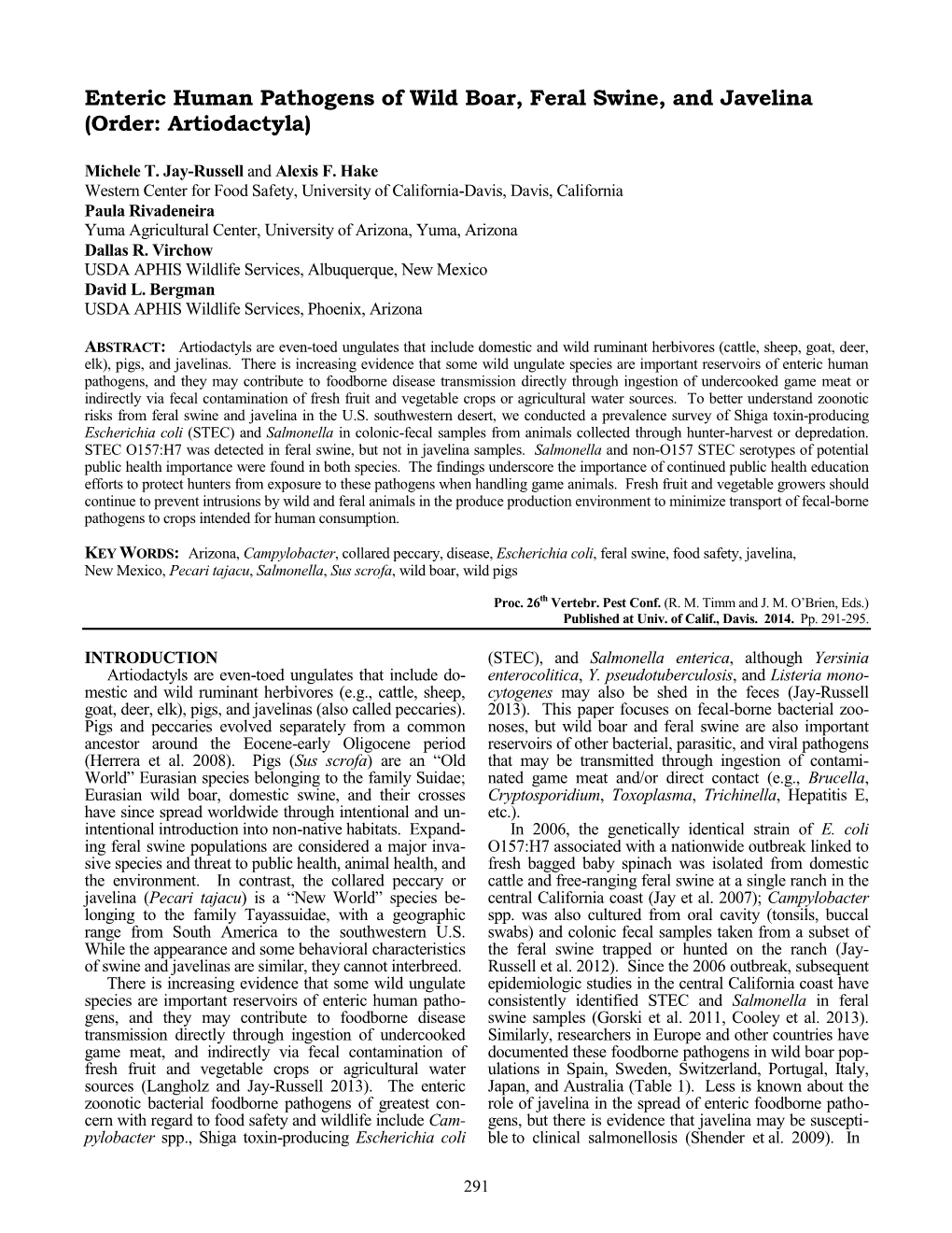 Enteric Human Pathogens of Wild Boar, Feral Swine, and Javelina (Order: Artiodactyla)