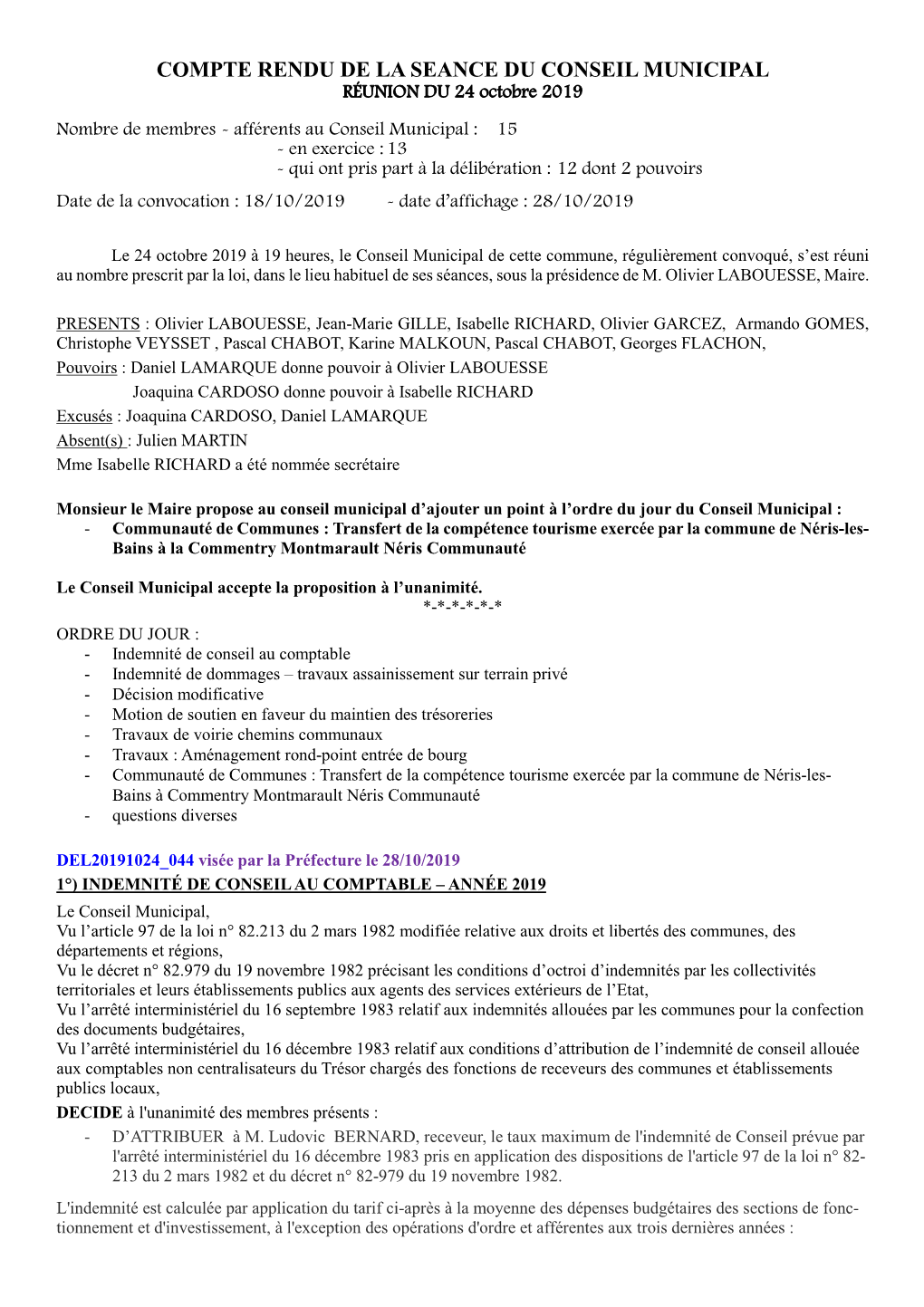 COMPTE RENDU DE LA SEANCE DU CONSEIL MUNICIPAL RÉUNION DU 24 Octobre 2019