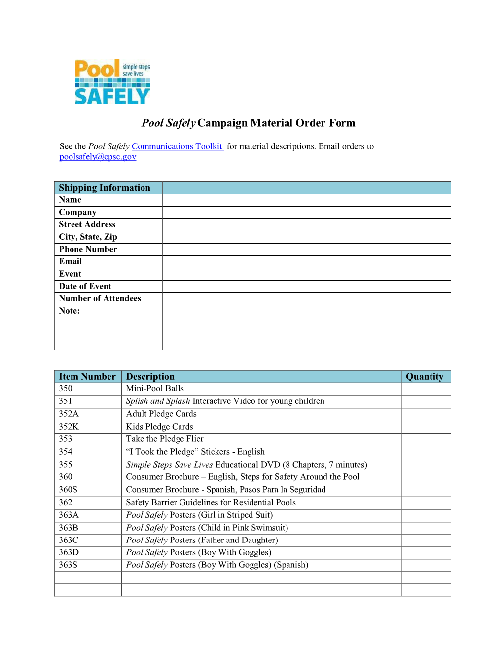 Pool Safel Y Campaign Material Order Form