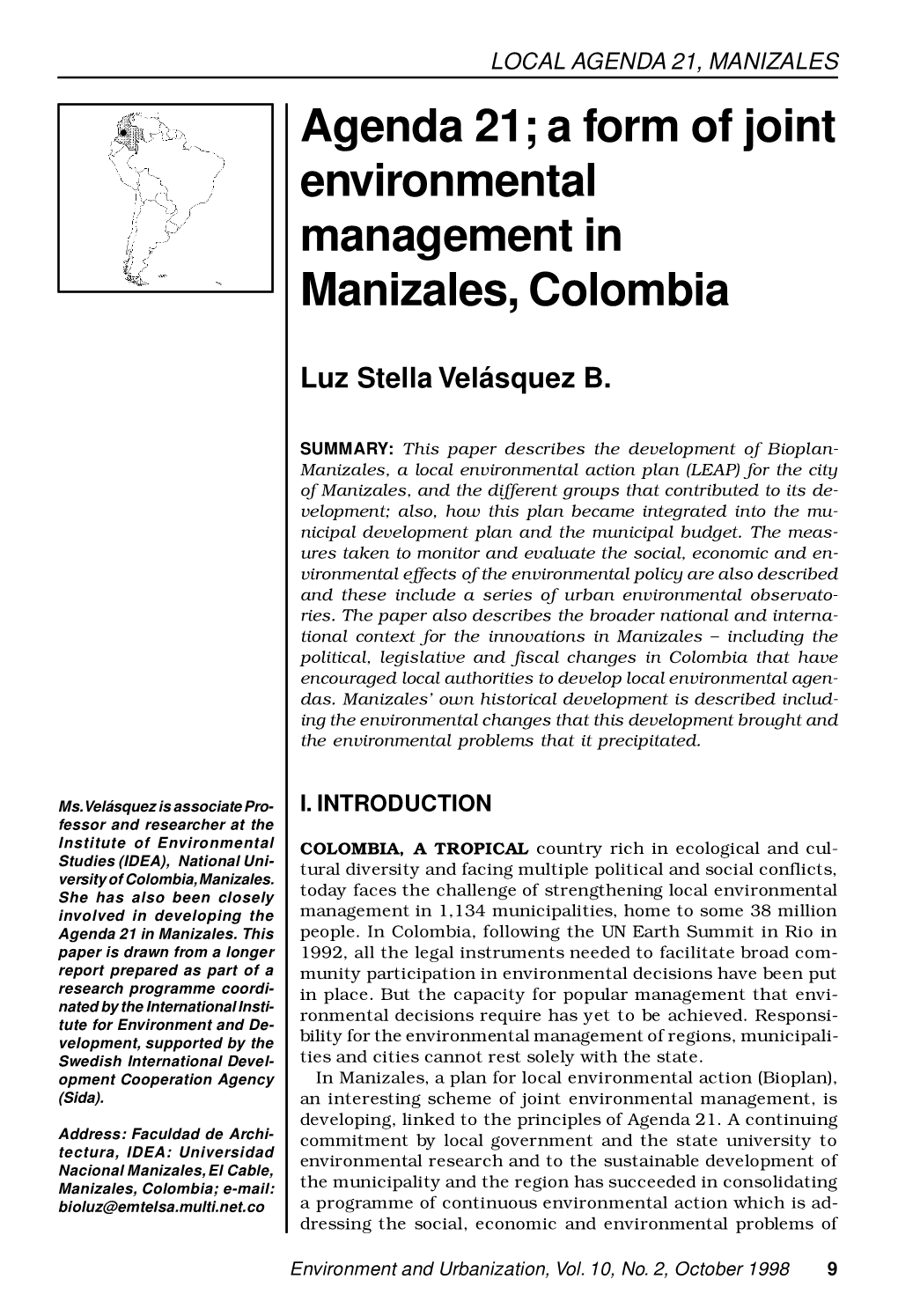 A Form of Joint Environmental Management in Manizales, Colombia