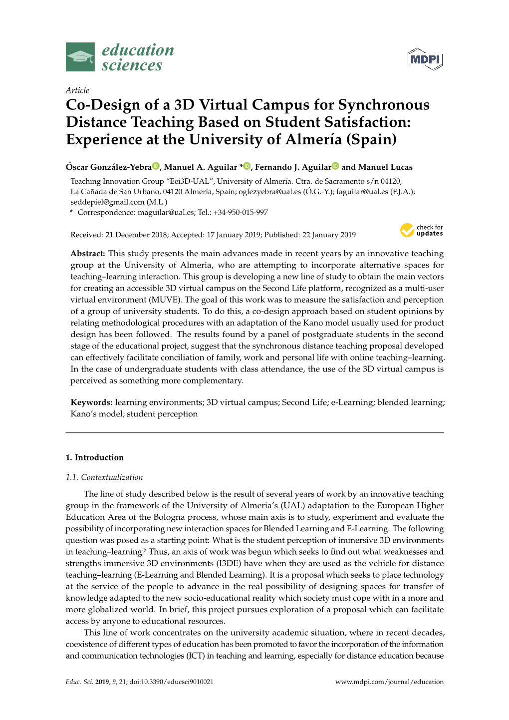 Co-Design of a 3D Virtual Campus for Synchronous Distance Teaching Based on Student Satisfaction: Experience at the University of Almería (Spain)