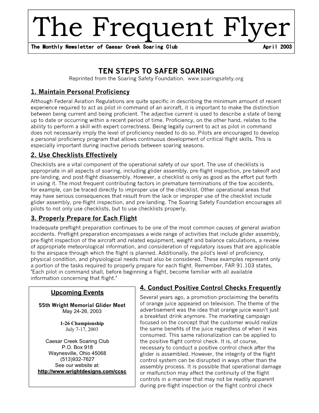 The Frequent Flyer the Monthly Newsletter of Caesar Creek Soaring Club April 2003