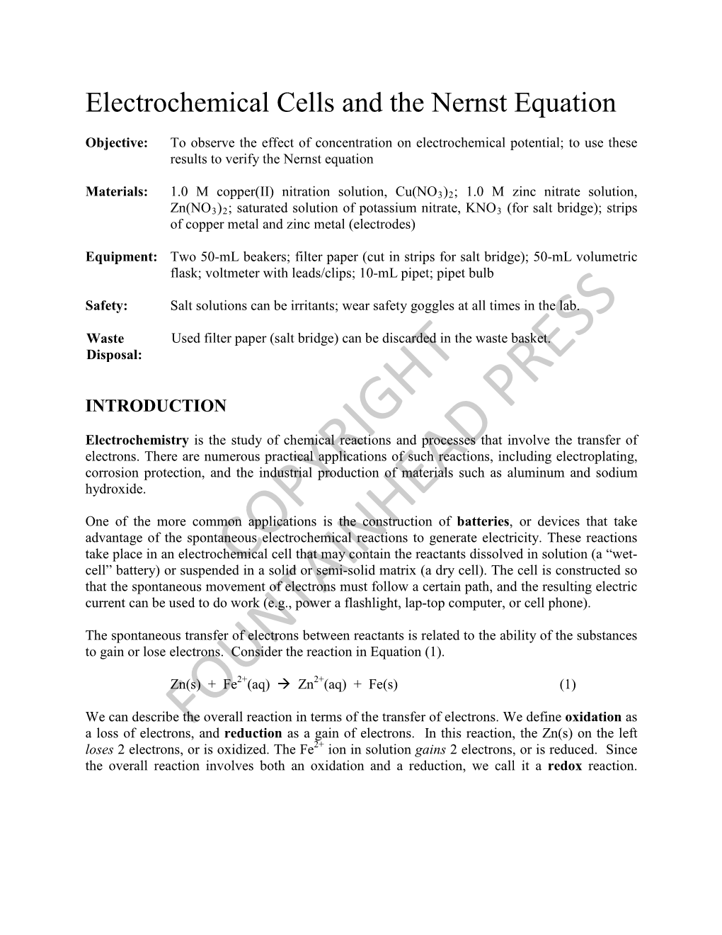 Electrochemical Cells and the Nernst Equation