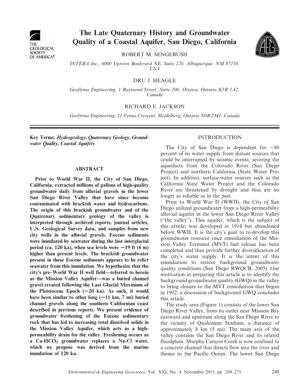 The Late Quaternary History and Groundwater Quality of a Coastal Aquifer, San Diego, California