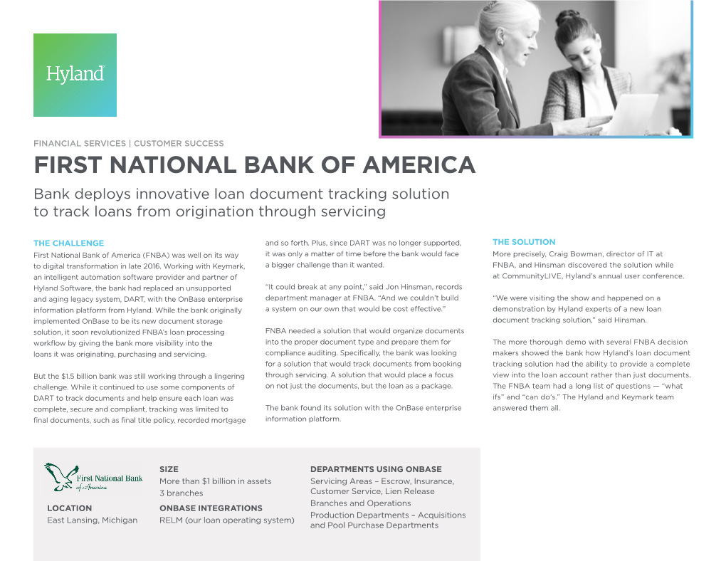 FIRST NATIONAL BANK of AMERICA Bank Deploys Innovative Loan Document Tracking Solution to Track Loans from Origination Through Servicing