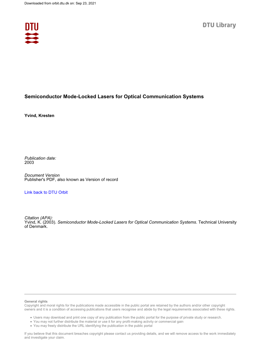 Semiconductor Mode-Locked Lasers for Optical Communication Systems