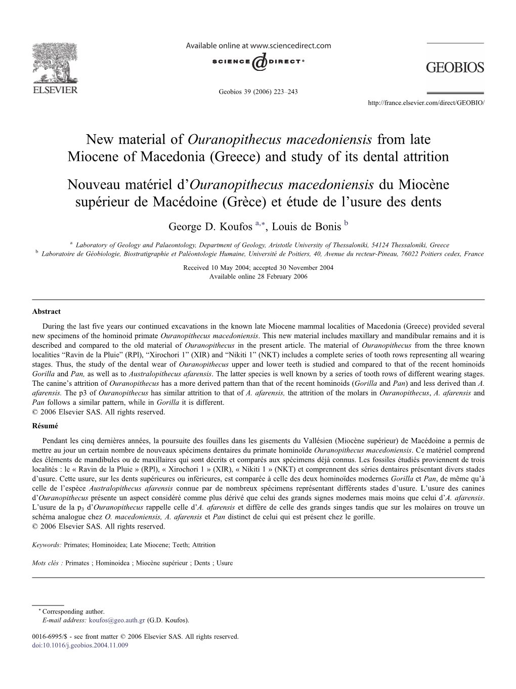 New Material of Ouranopithecus Macedoniensis from Late Miocene