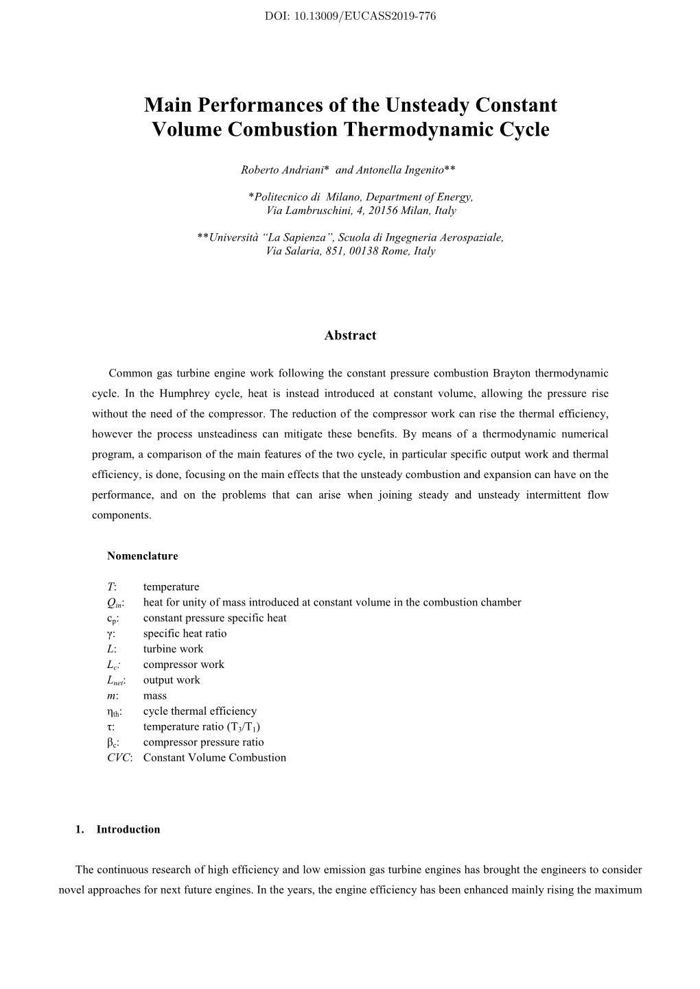 Main Performances of the Unsteady Constant Volume Combustion Thermodynamic Cycle