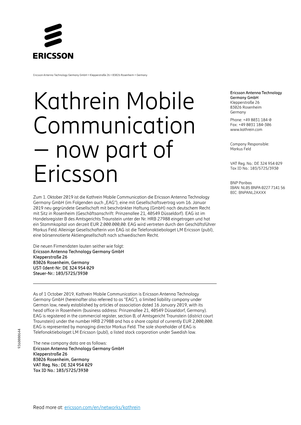 Kathrein Mobile Communication – Now Part of Ericsson