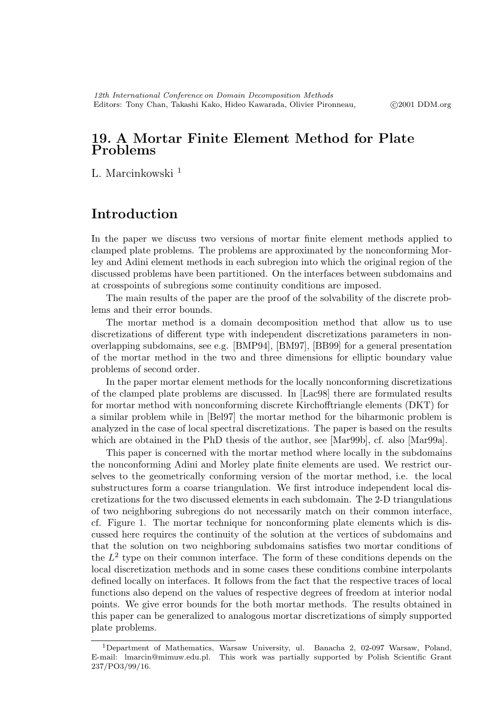 19. a Mortar Finite Element Method for Plate Problems Introduction