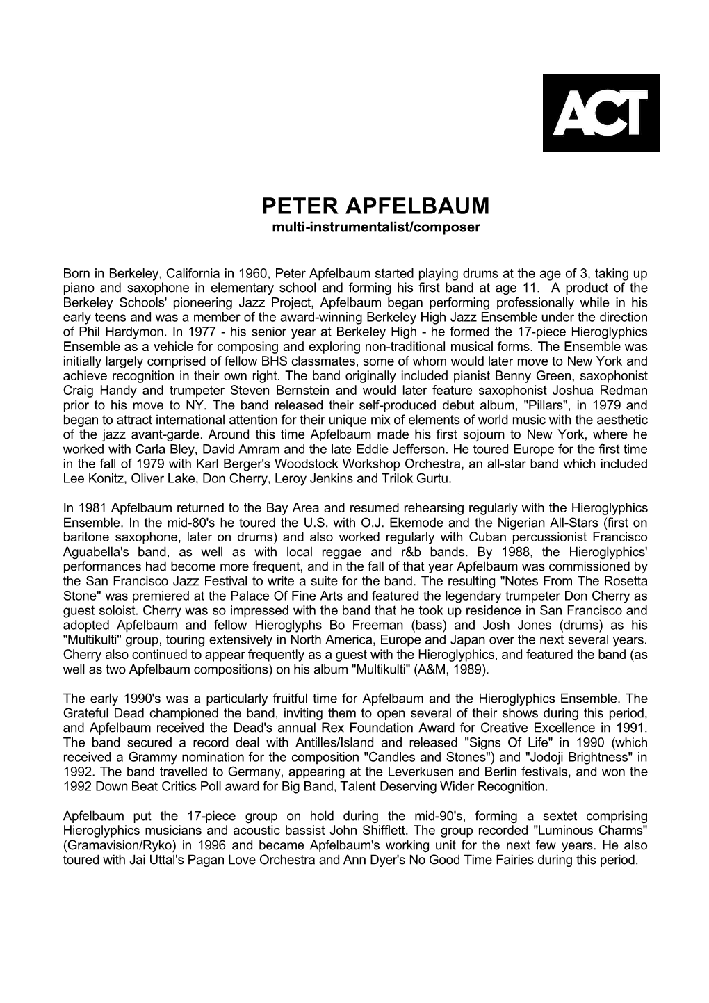 PETER APFELBAUM Multi-Instrumentalist/Composer