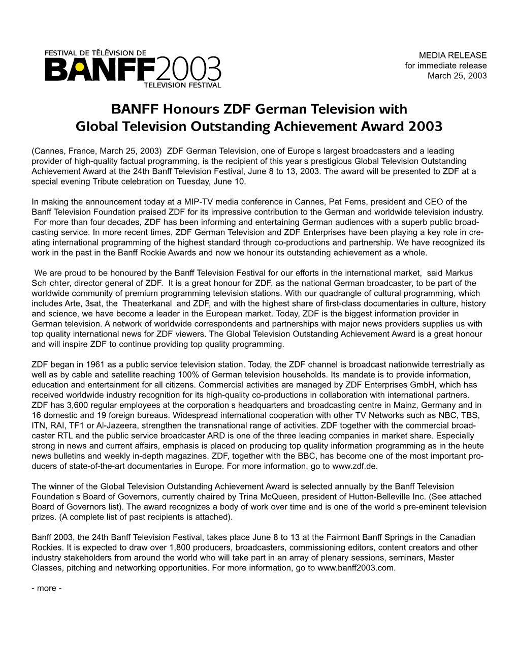 BANFF Honours ZDF German Television with Global Television Outstanding Achievement Award 2003