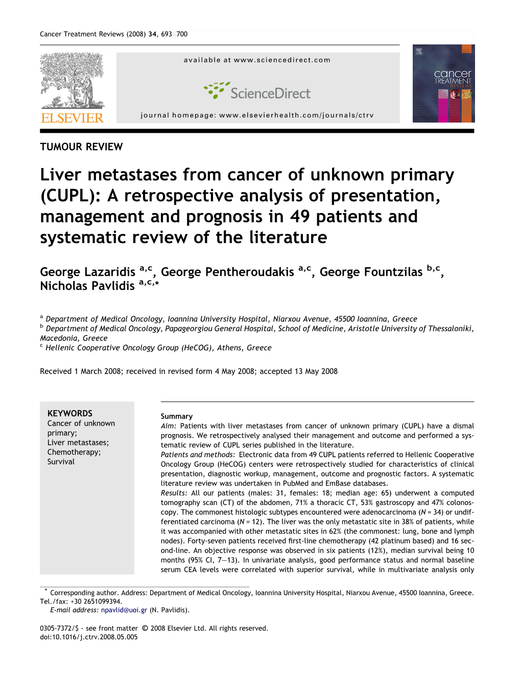 Liver Metastases from Cancer of Unknown Primary (CUPL): A