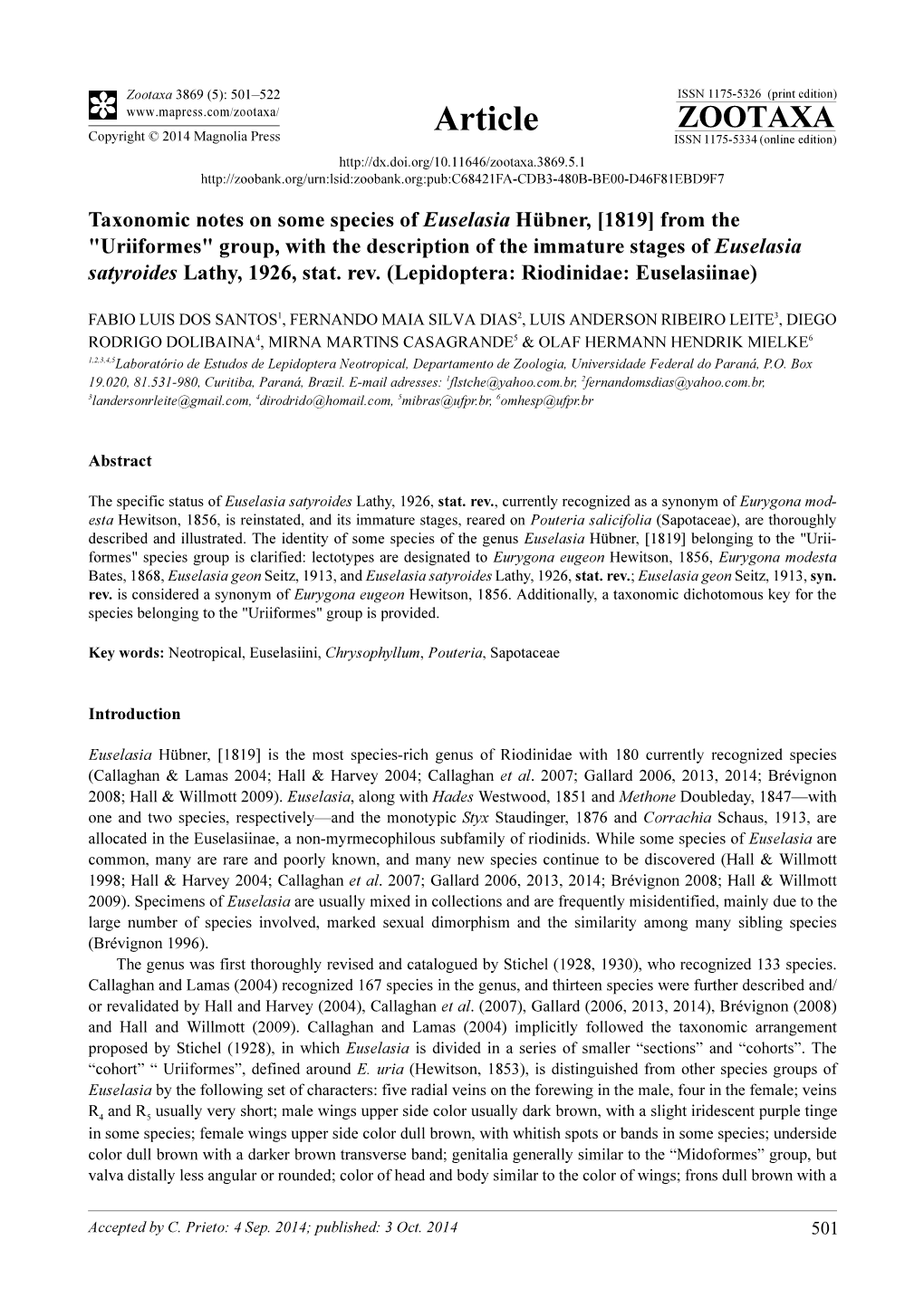 Taxonomic Notes on Some Species of Euselasia Hübner