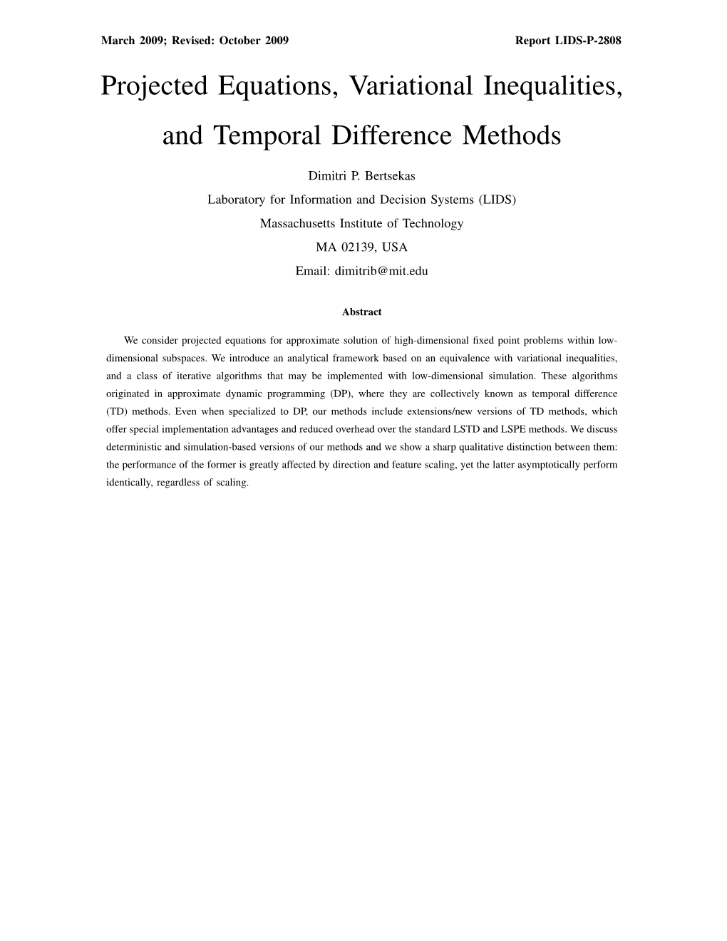 Projected Equations, Variational Inequalities, and Temporal Difference Methods