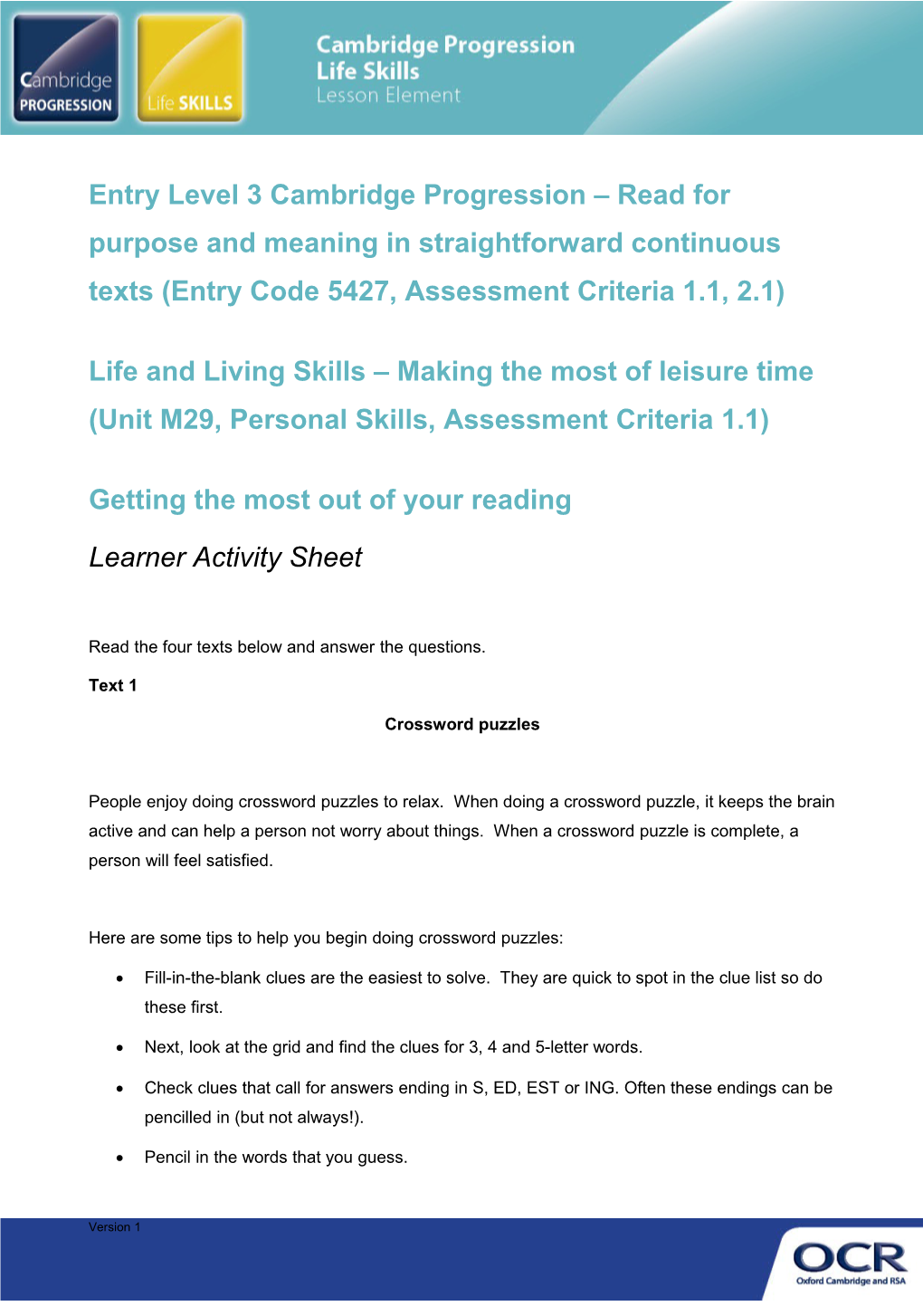 Cambridge Progression Life Skills - Learn a New Skill