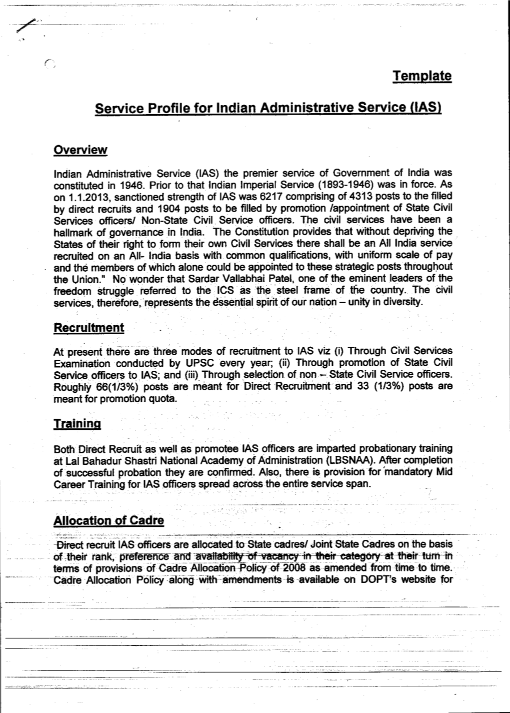 Template Service Profile for Indian Administrative Service (IAS)