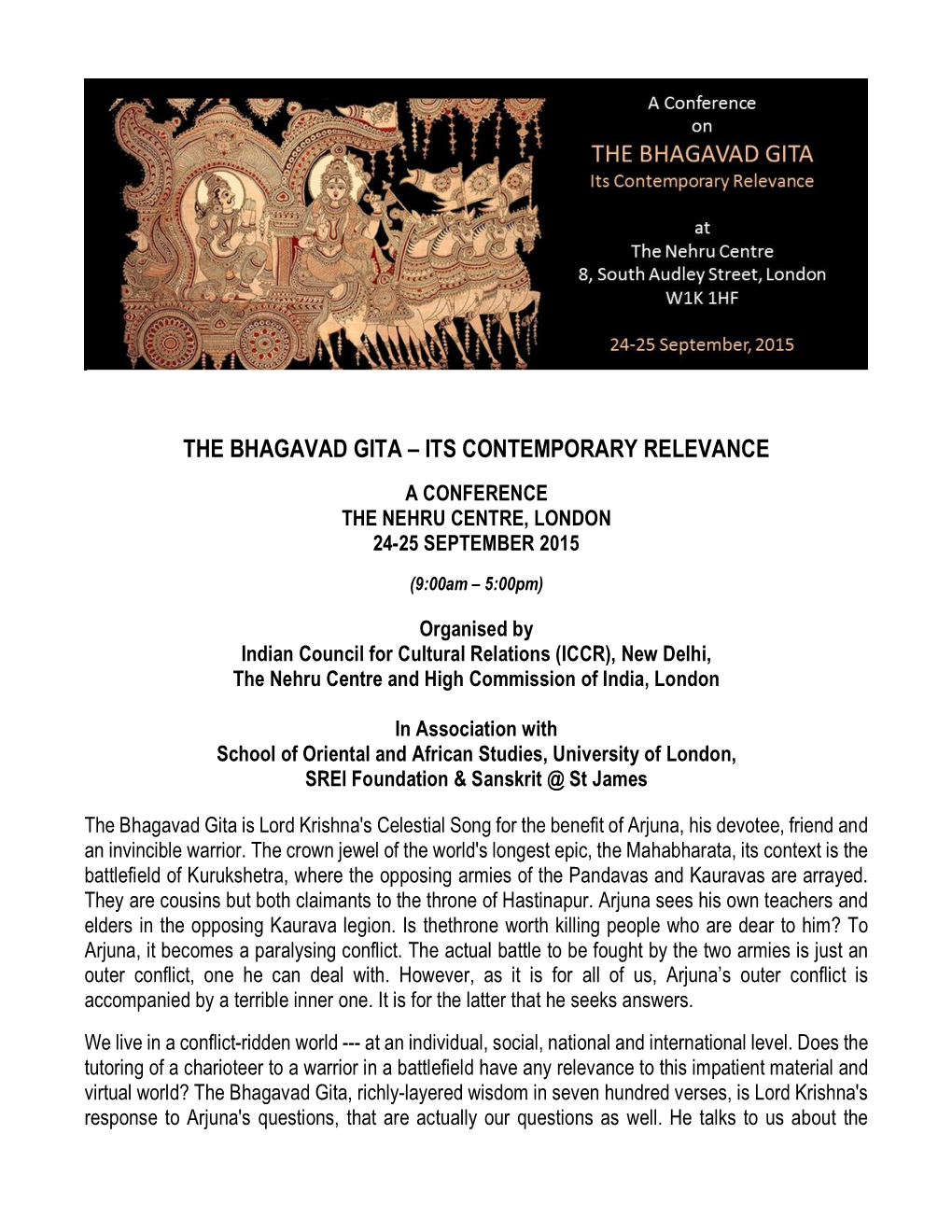 The Bhagavad Gita – Its Contemporary Relevance a Conference the Nehru Centre, London 24-25 September 2015