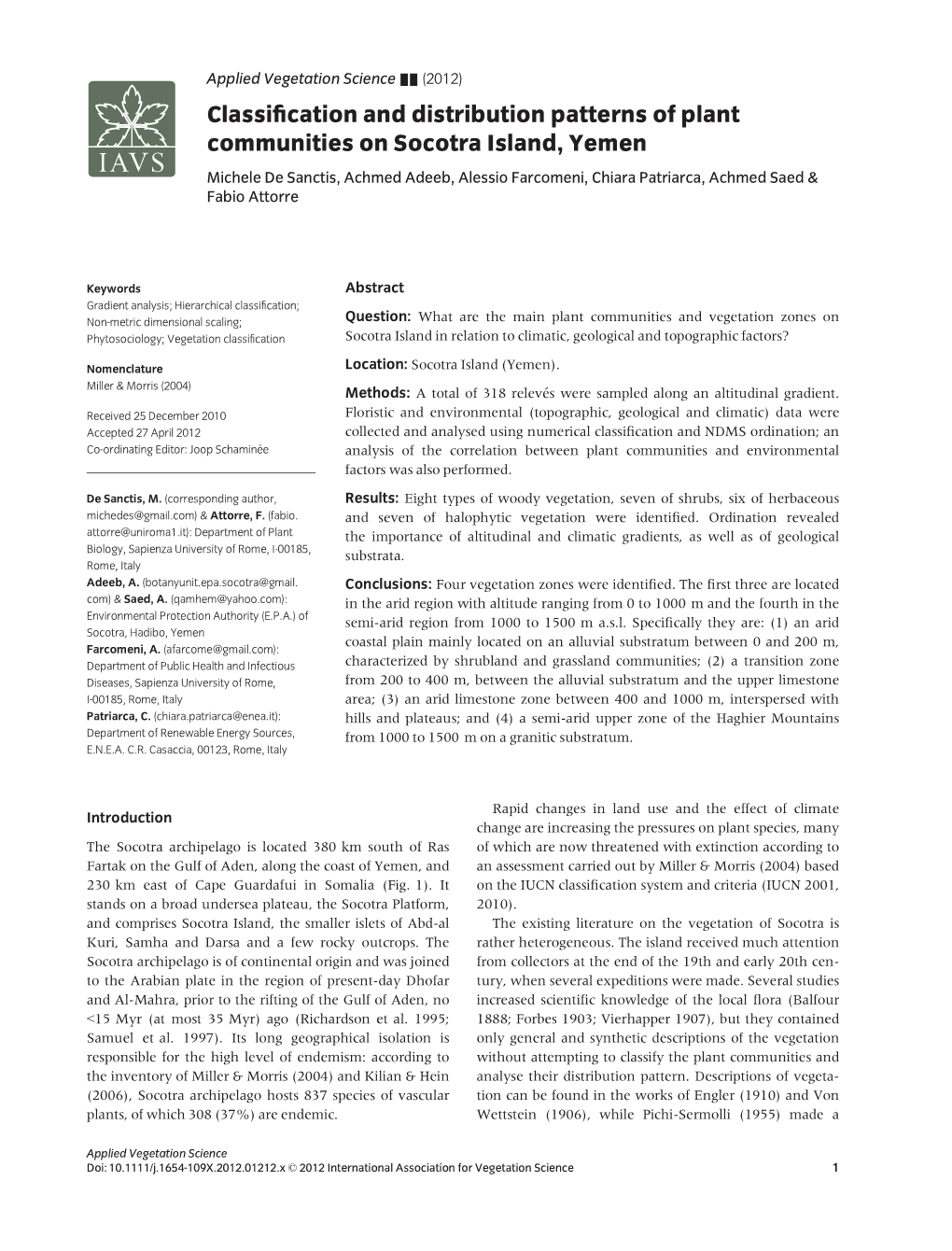 Classification and Distribution Patterns of Plant Communities on Socotra