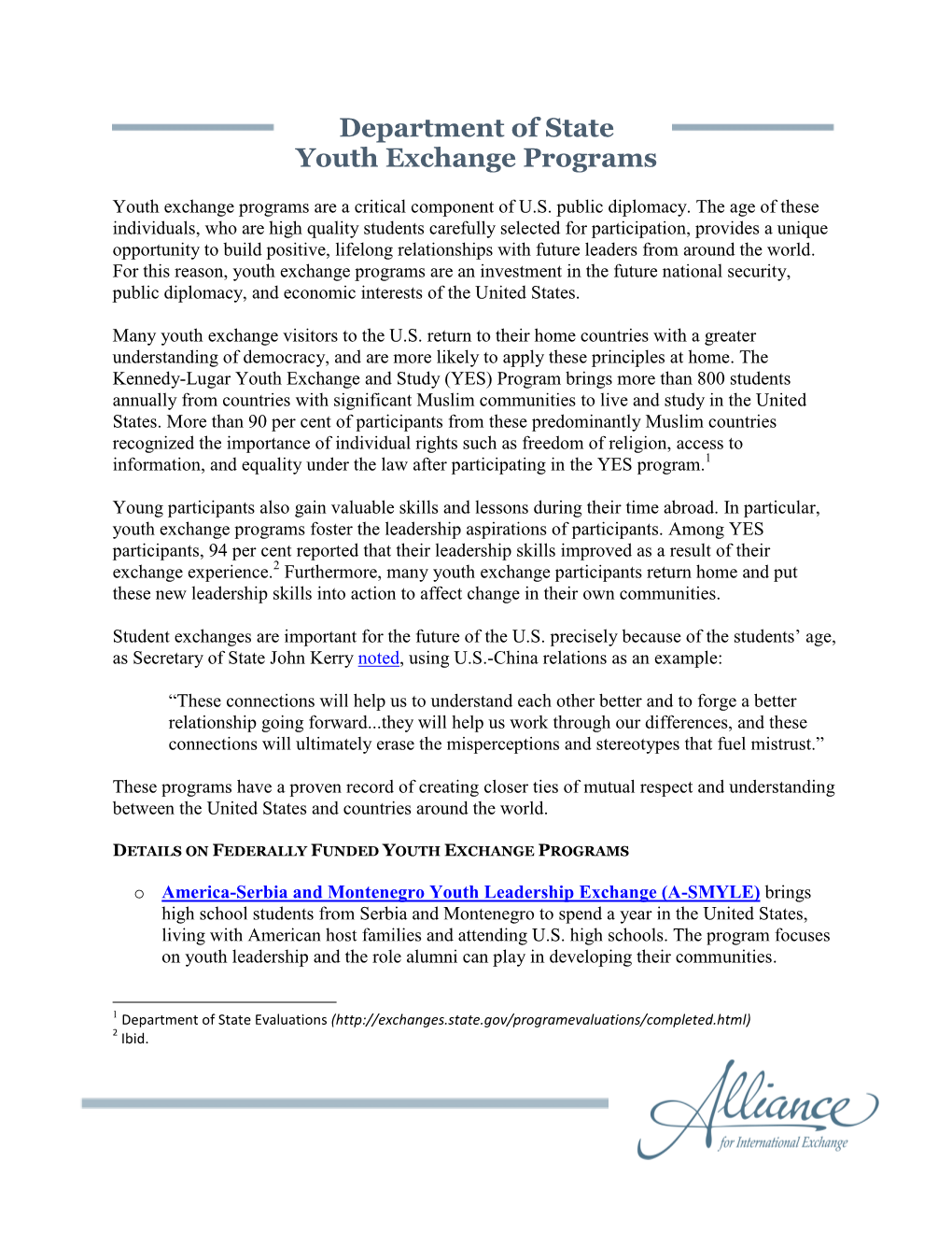 Department of State Youth Exchange Programs