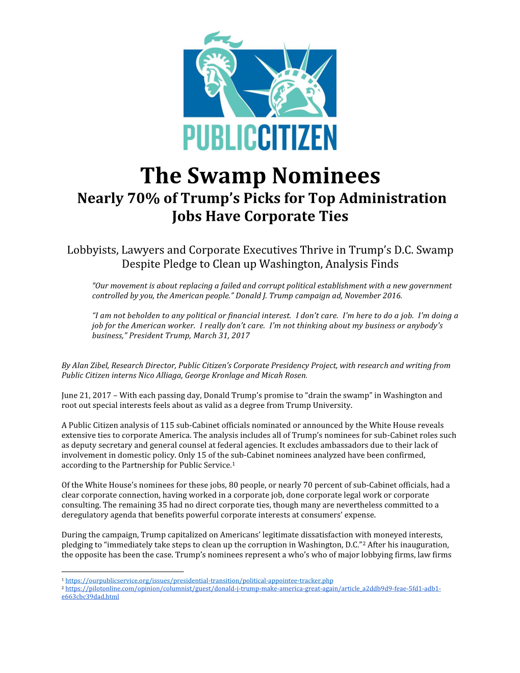 The Swamp Nominees Nearly 70% of Trump’S Picks for Top Administration Jobs Have Corporate Ties