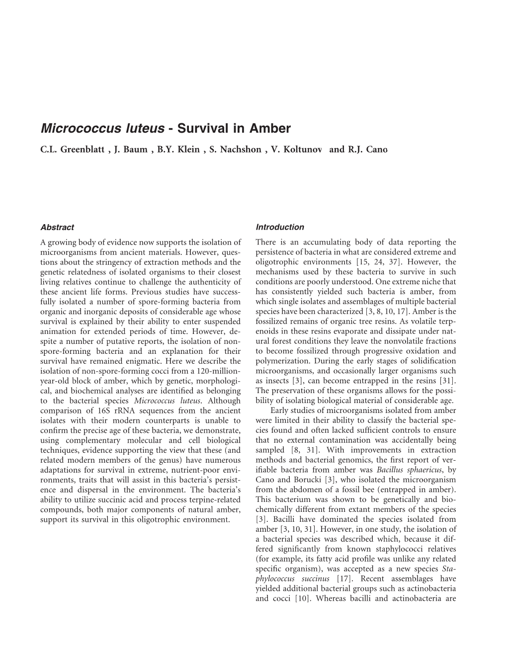Micrococcus Luteus - Survival in Amber C.L