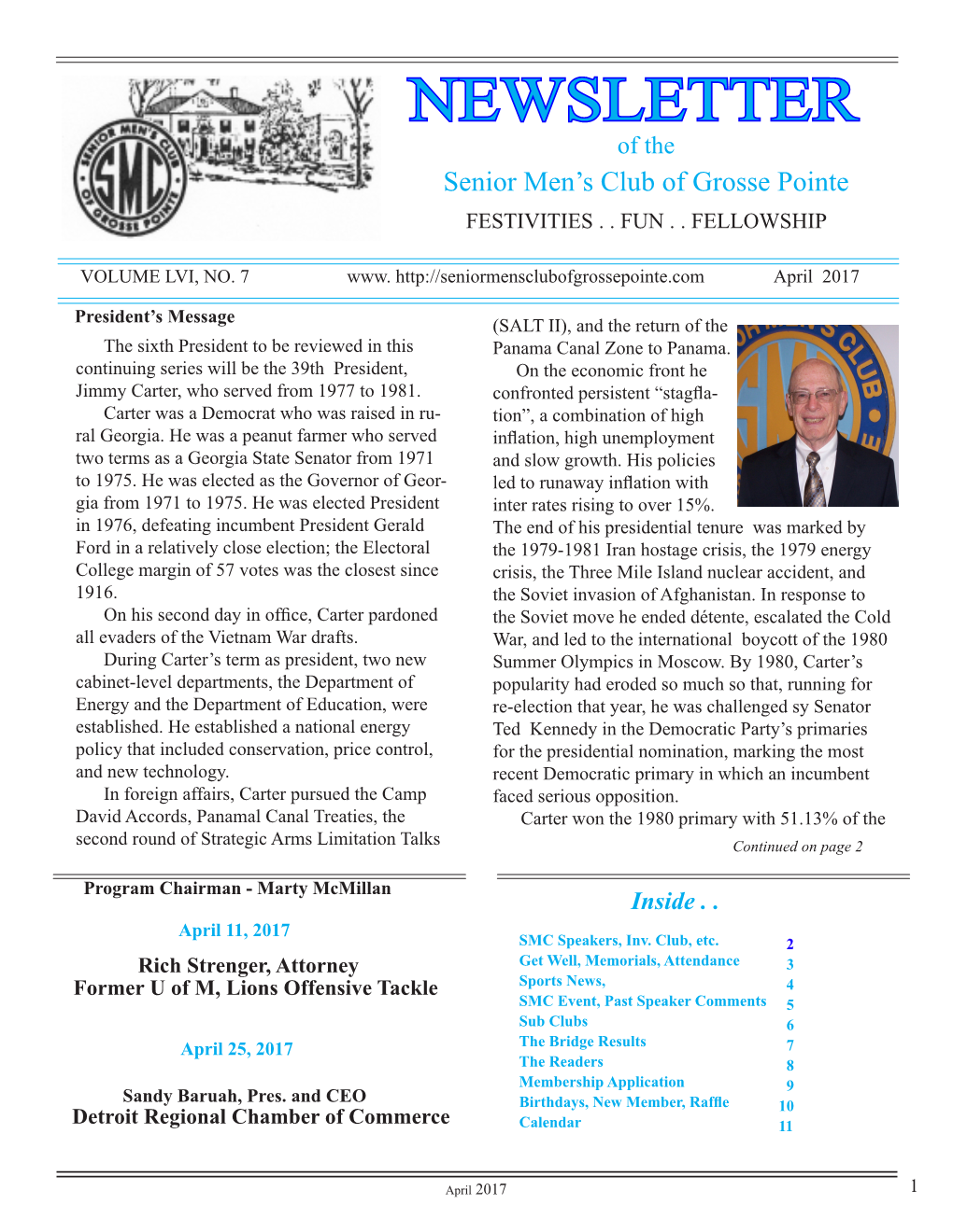 NEWSLETTER of the Senior Men’S Club of Grosse Pointe FESTIVITIES