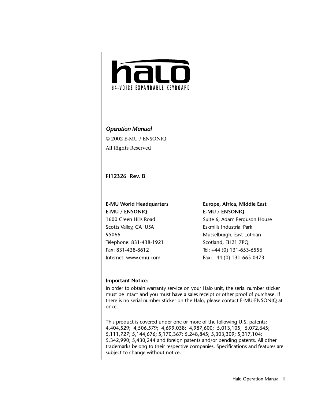 Halo Operation Manual I