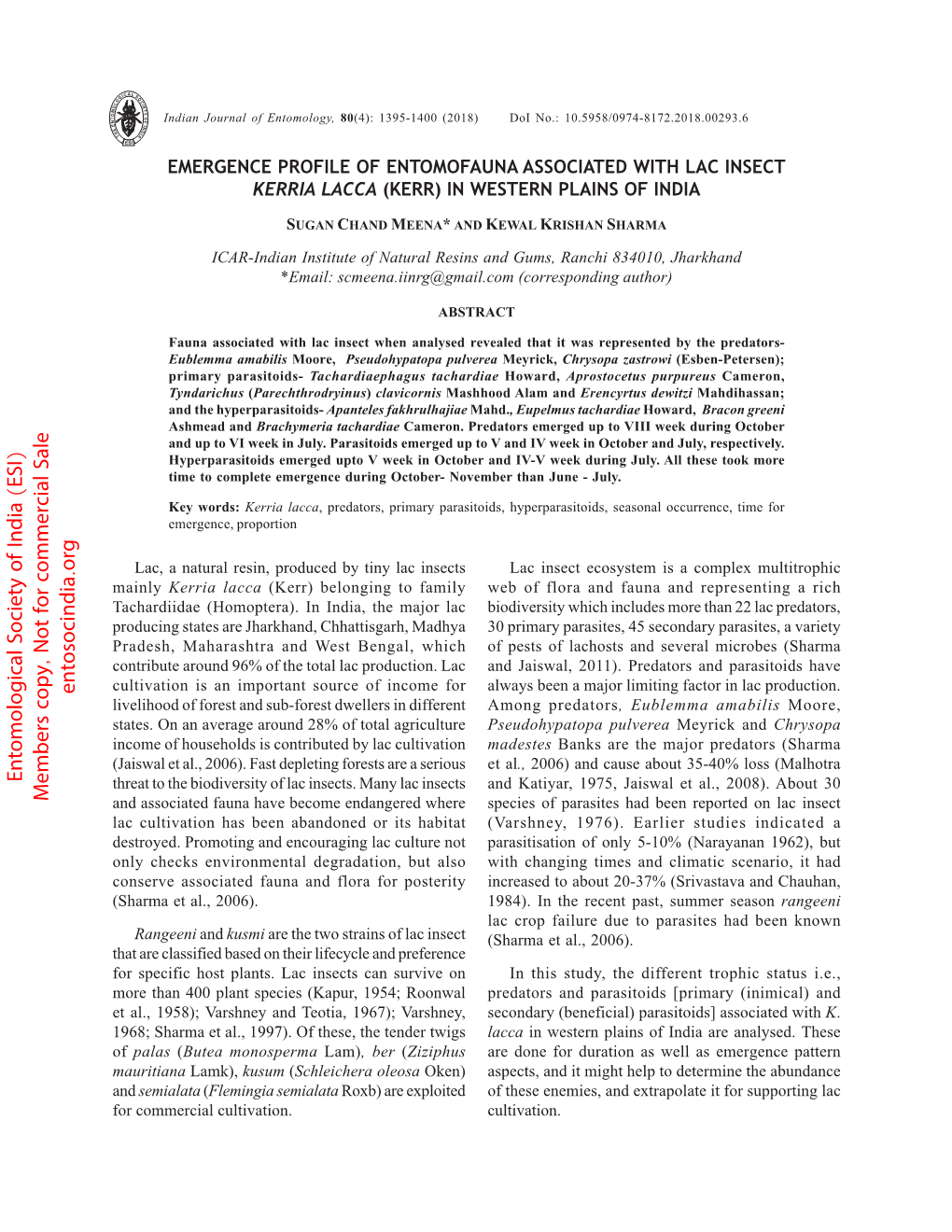 Emergence Profile of Entomofauna Associated with Lac Insect Kerria Lacca (Kerr) in Western Plains of India