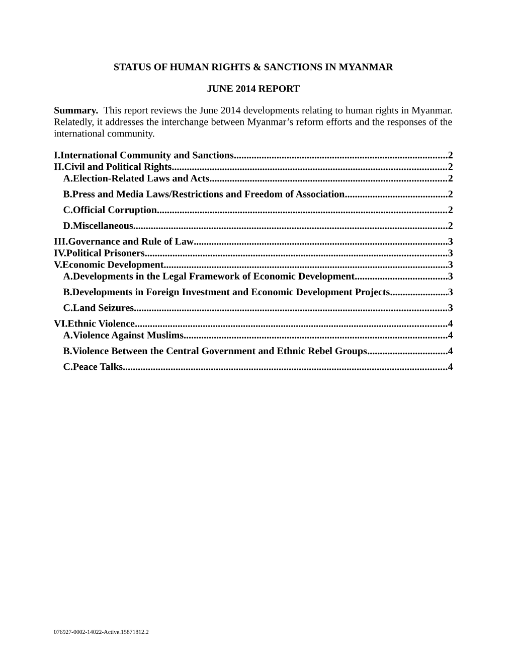 Status of Human Rights & Sanctions in Myanmar June