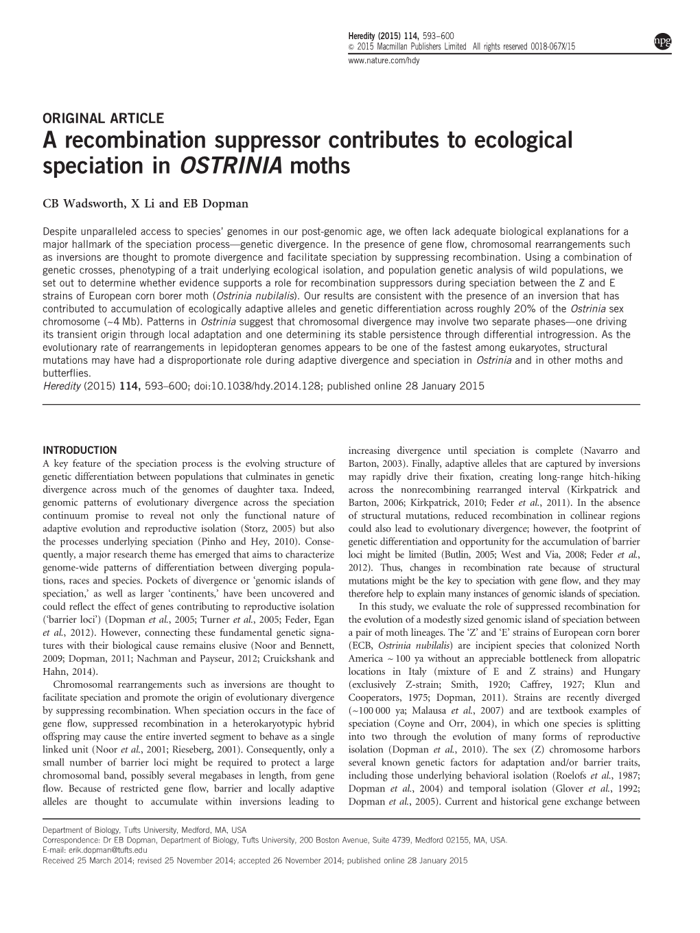 A Recombination Suppressor Contributes to Ecological Speciation in OSTRINIA Moths