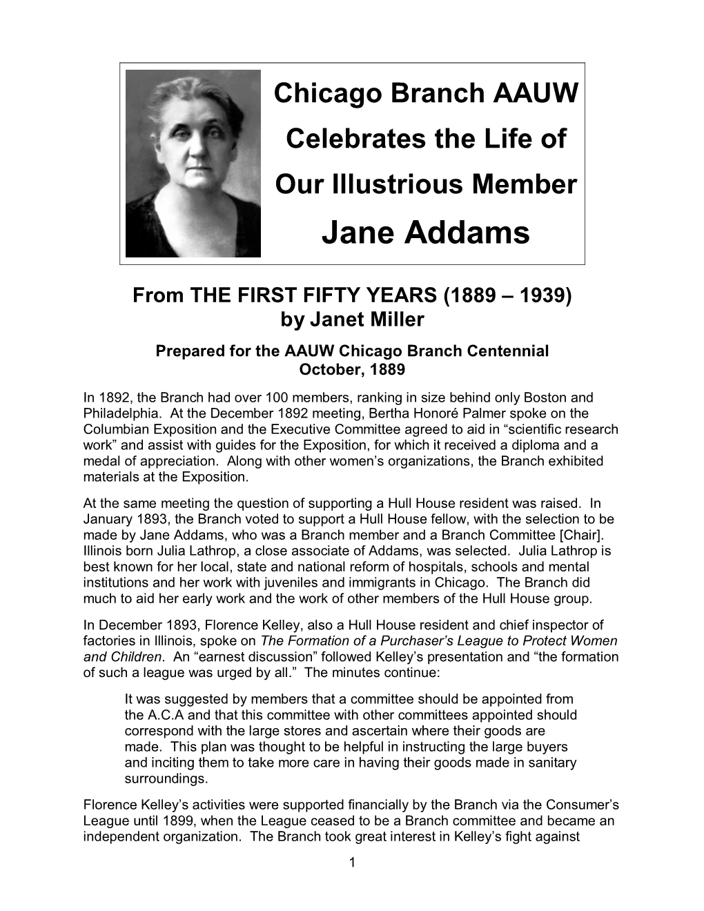 Jane Addams, a Member of Chicago AAUW